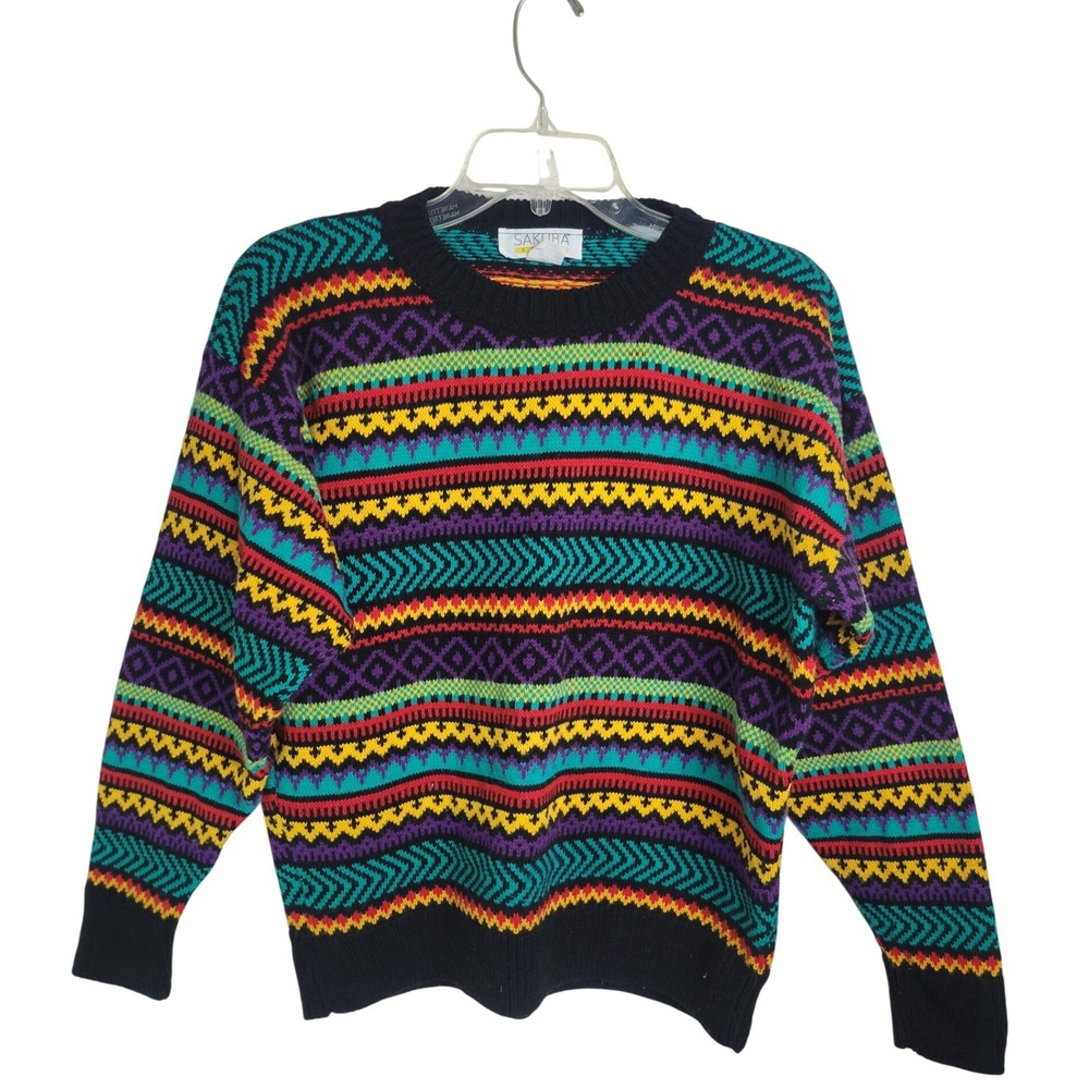 Vtg Sakura Sport Sweater 90s Geometric Fair Isle Knit Multicolor Womens Large